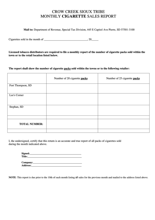 Crow Creek Sioux Tribe Monthly Cigarette Sales Report printable pdf