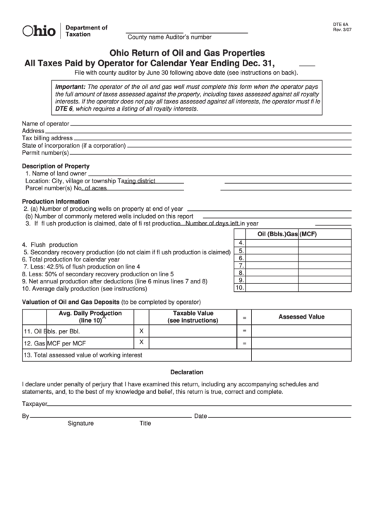 Fillable Form Dte 6a Ohio Return Of Oil And Gas Properties printable