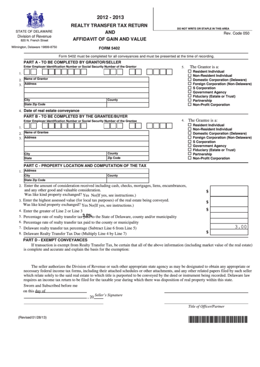 Fillable Form 5402 Realty Transfer Tax Return And Affidavit Of Gain And Value 2012 2013