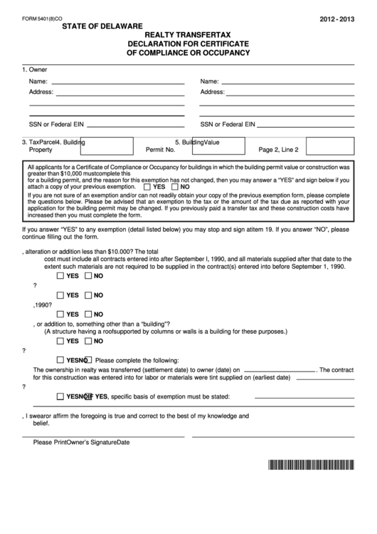 Fillable Form 5401(8)co Realty Transfer Tax Declaration For