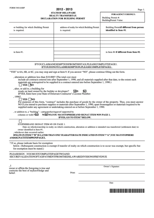 Fillable Form 5401(8)bp Realty Transfer Tax Declaration For Building