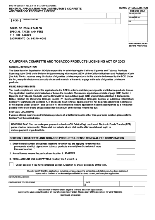 Fillable Form Boe400Ldr Renewal Application For Distributor'S