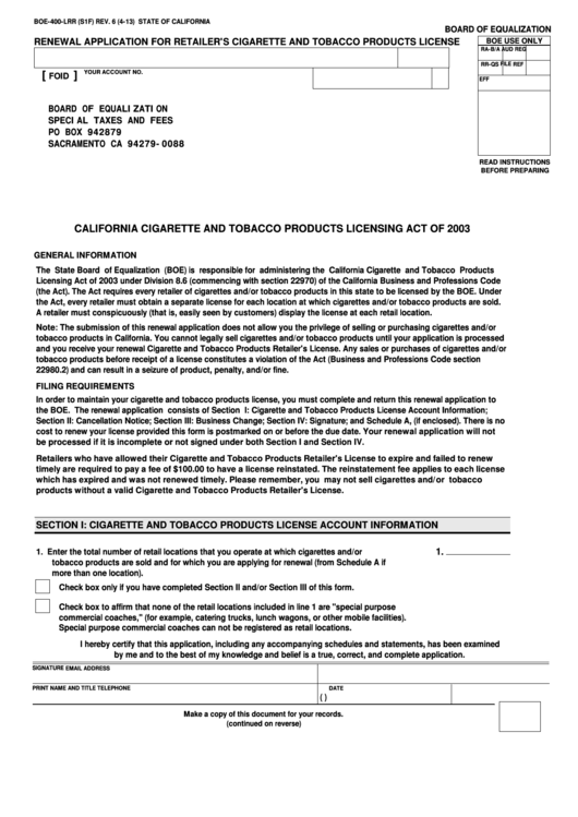 Fillable Form Boe400Lrr (S1f) Renewal Application For Retailer'S