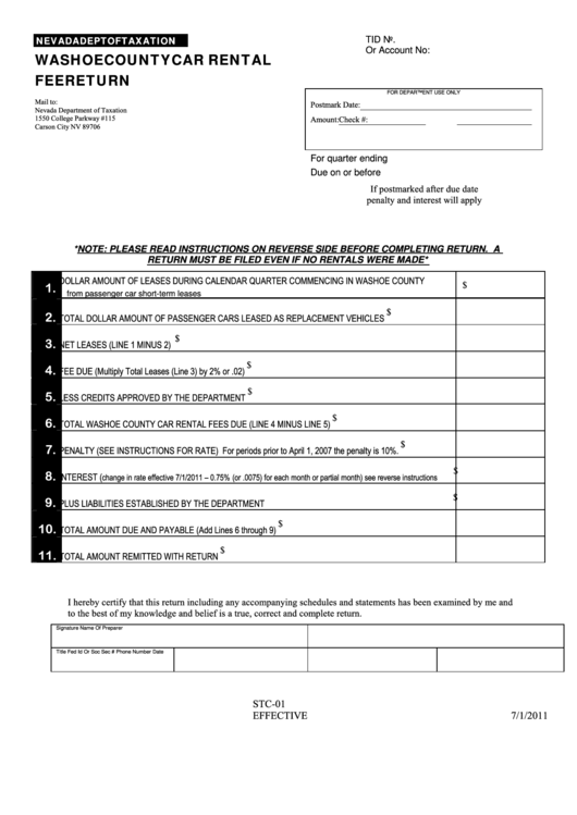 Fillable Form Stc01 Washoe County Car Rental Fee Return printable