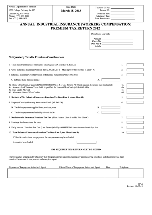 Fillable Form IipA Annual Industrial Insurance (Workers Compensation