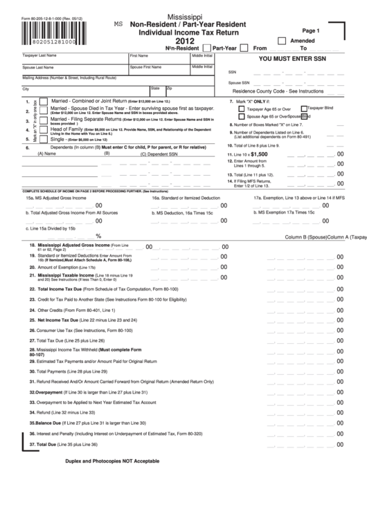 Fillable Form 802051281000 Mississippi NonResident / PartYear