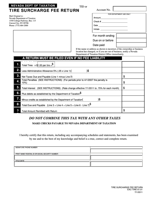 Fillable Form ExcTire01.01 Tire Surcharge Fee Return printable pdf