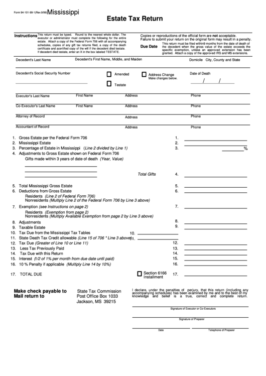 Form 94101991 Mississippi Estate Tax Return printable pdf download