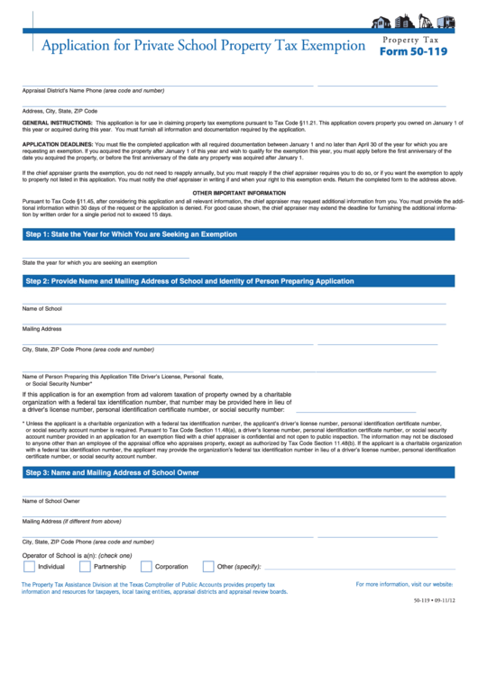 Fillable Form 50119 Application For Private School Property Tax