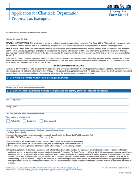 Fillable Form 50115 Application For Charitable Organization Property