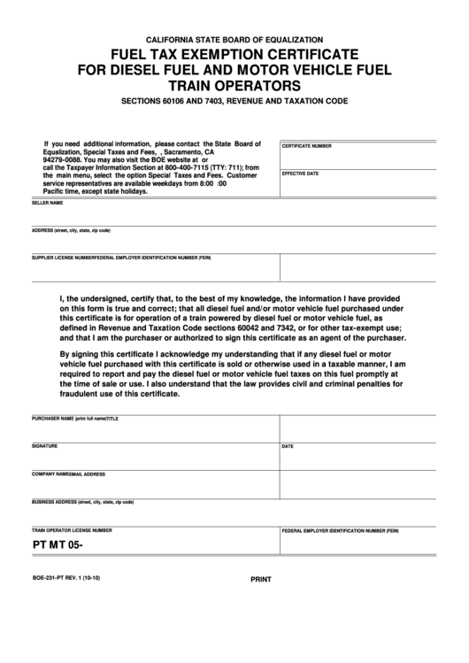 Fillable Form Boe231Pt Fuel Tax Exemption Certificate For Diesel