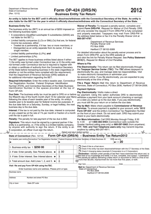Form Op424 (Drs/n) Business Entity Tax Return 2012