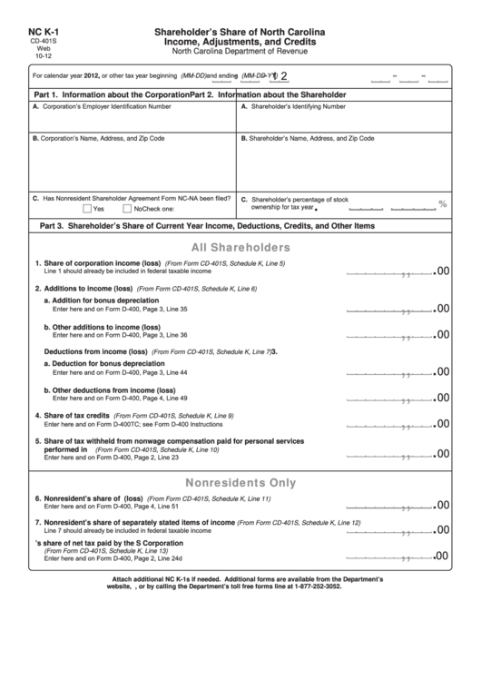 Form Nc K1 Shareholder'S Share Of North Carolina Adjustments