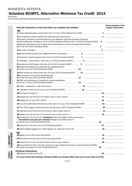 Fillable Schedule M1mtc Minnesota Alternative Minimum Tax Credit