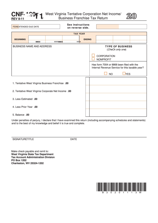 Form Cnf120t West Virginia Tentative Corporation Net