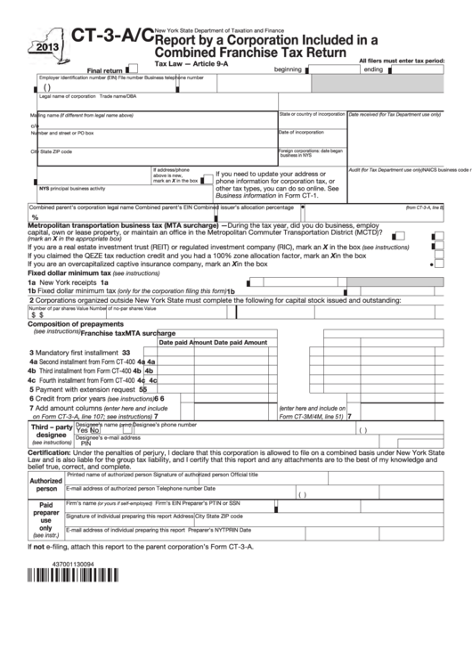 Form Ct3A/c Report By A Corporation Included In A Combined