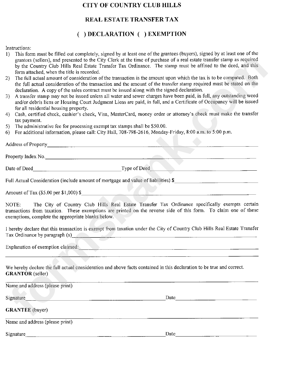 Real Estate Transfer Tax City Of Country Club Hills, Illinois