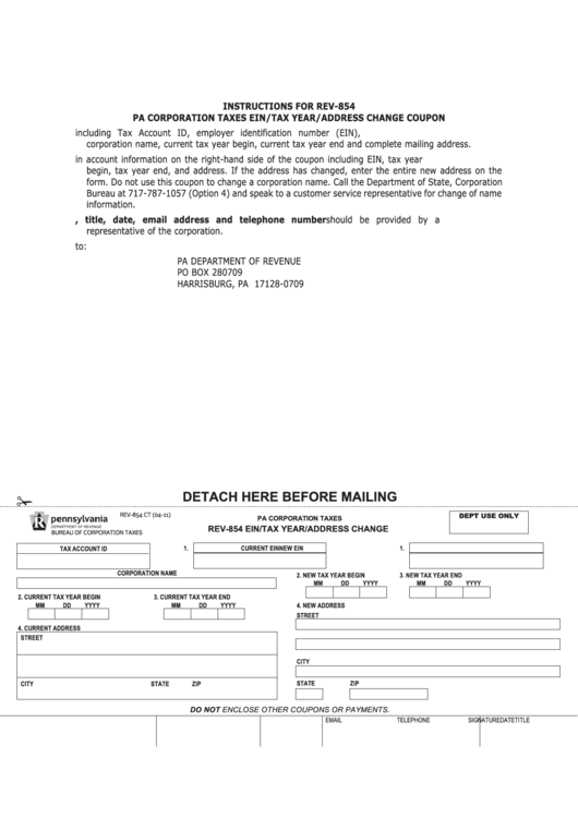 Instructions For Form Rev854 Pa Corporation Taxes Ein/tax Year