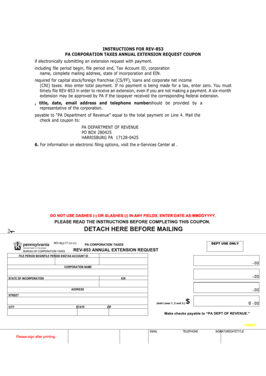 Instructions For Form Rev853 Pa Corporation Taxes Annual Extension Request Coupon printable