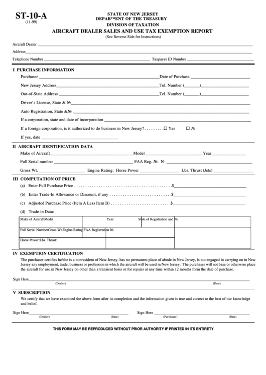 Fillable Form St10A Aircraft Dealer Sales And Use Tax Exemption