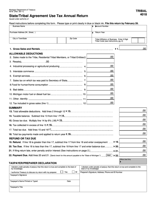 Fillable Form 4018 State/tribal Agreement Use Tax Annual Return printable pdf download