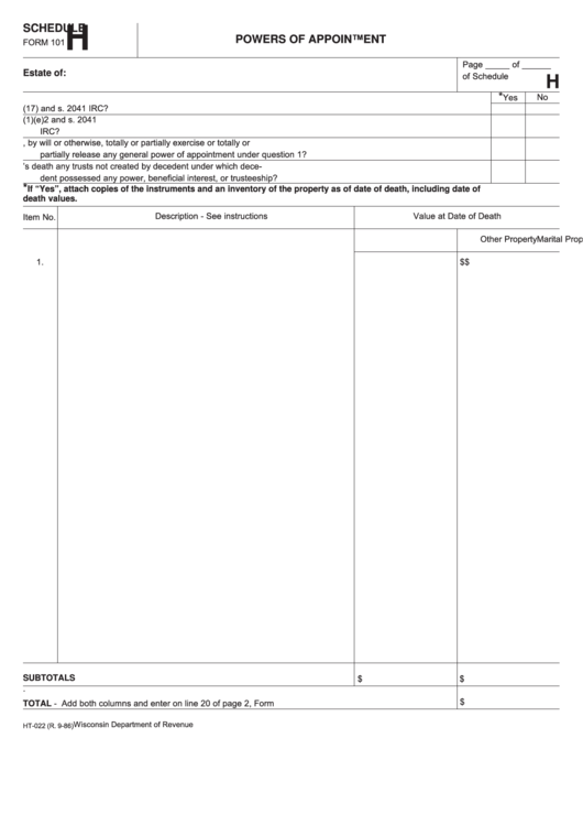 Schedule H List 2024 Schedule H (Form 101) Wisconsin Powers Of Appointment printable pdf