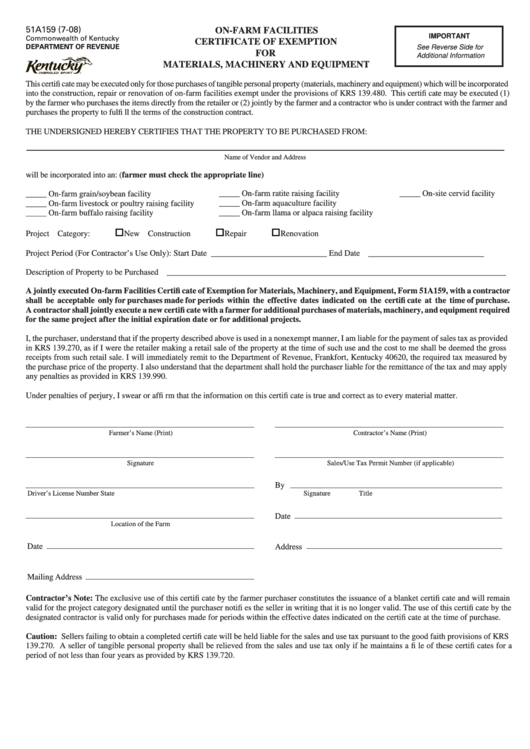 Form 51a159 OnFarm Facilities Certificate Of Exemption For Materials