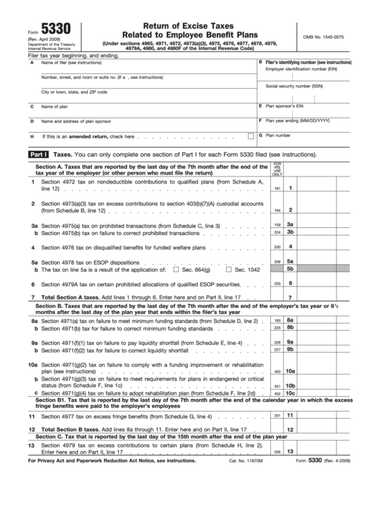 Fillable Form 5330 Return Of Excise Taxes Related To Employee Benefit Plans printable pdf download
