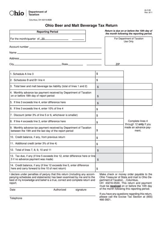 Fillable Form Alc 83 Ohio Beer And Malt Beverage Tax Return printable
