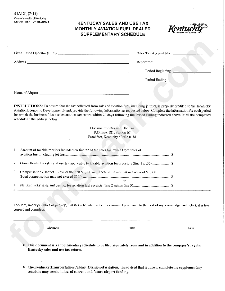 Fillable Form 51a131 Kentucky Sales And Use Tax Monthly Aviation