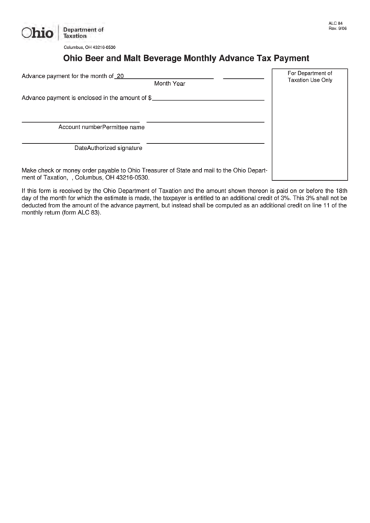Fillable Form Alc 84 Ohio Beer And Malt Beverage Monthly Advance Tax