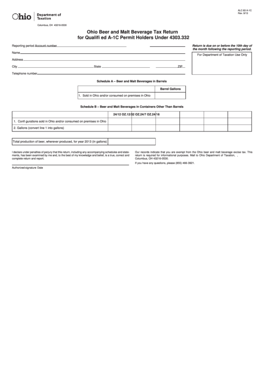 Fillable Form Alc 83 A1c Ohio Beer And Malt Beverage Tax Return For
