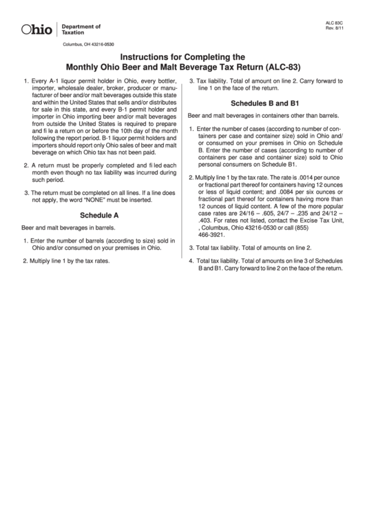 Instructions For Form Alc83 Monthly Ohio Beer And Malt Beverage Tax