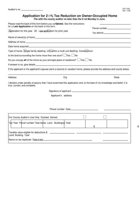 Fillable Form Dte 104c Application For 21/2 Tax Reduction On Owner