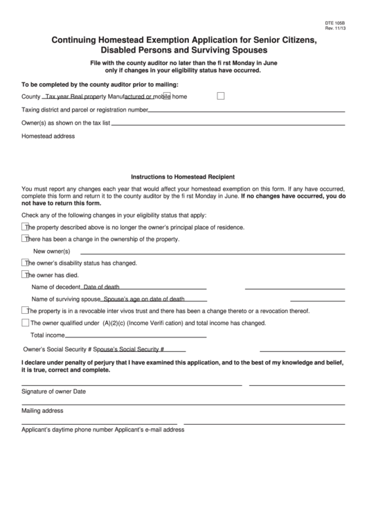 Fillable Form Dte 105b Continuing Homestead Exemption Application For