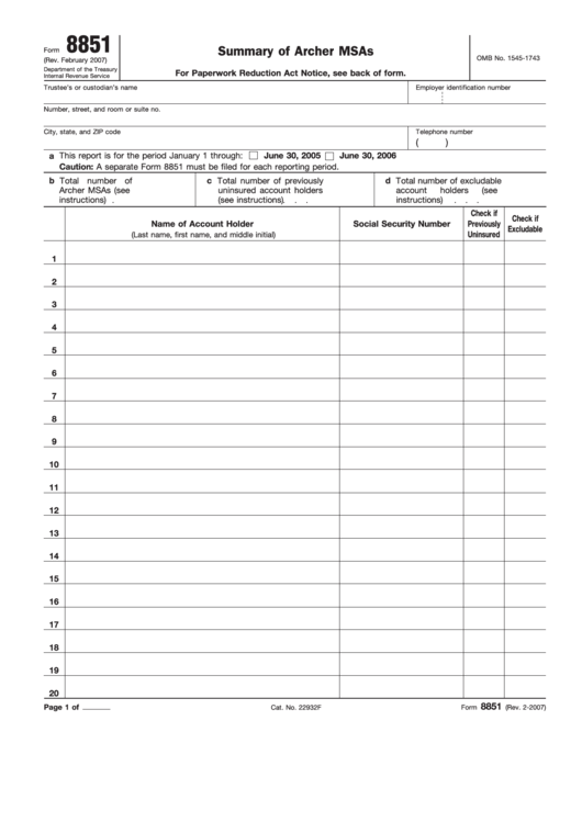 Fillable Form 8851 Summary Of Archer Msas printable pdf download