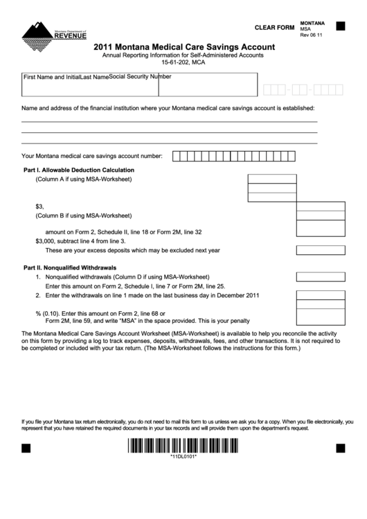 Fillable Form Msa Montana Medical Care Savings Account 2011