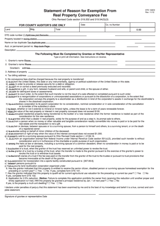 Fillable Form Dte 100ex Statement Of Reason For Exemption From Real