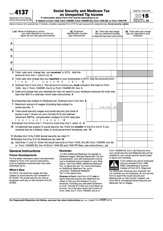 Fillable Form 4137 Social Security And Medicare Tax On Unreported Tip 2015 printable