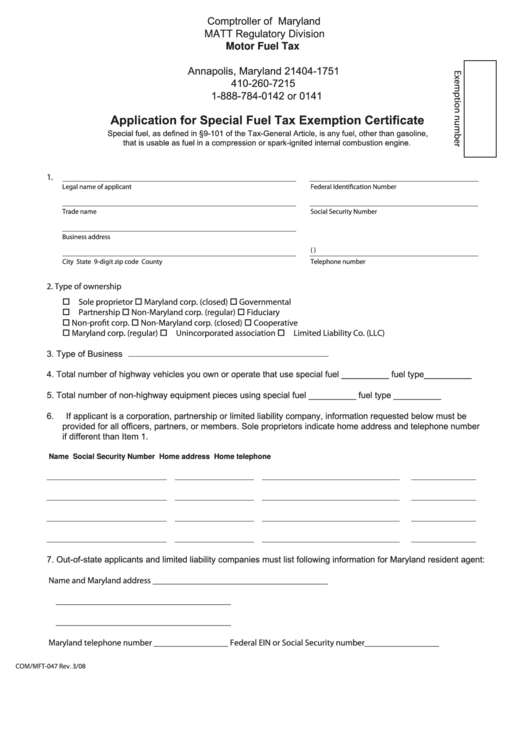 Fillable Form Com/mft047 Application For Special Fuel Tax Exemption