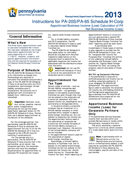 Instructions For Pa20s/pa65 Schedule HCorp 2013 printable pdf download