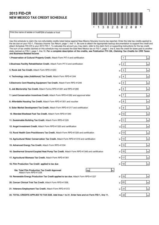 Fillable Form FidCr New Mexico Tax Credit Schedule 2013 printable