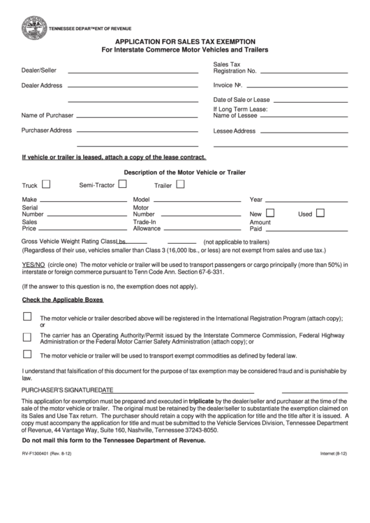 Form RvF1300401 Application For Sales Tax Exemption For Interstate