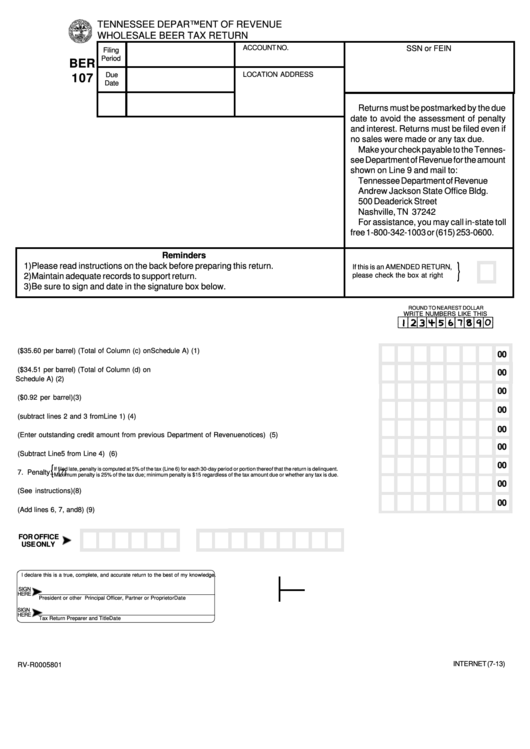 Fillable Form Ber 107 Wholesale Beer Tax Return printable pdf download