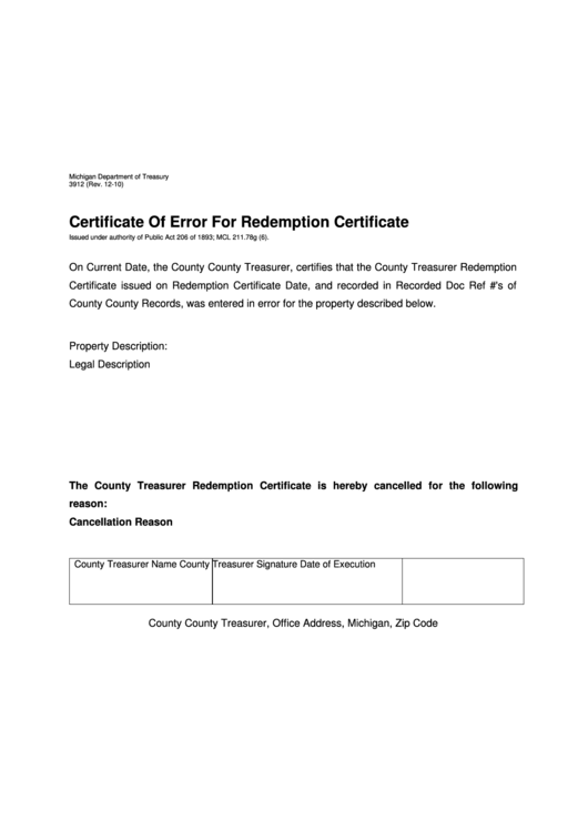 Form 3912 Certificate Of Error For Redemption Certificate printable