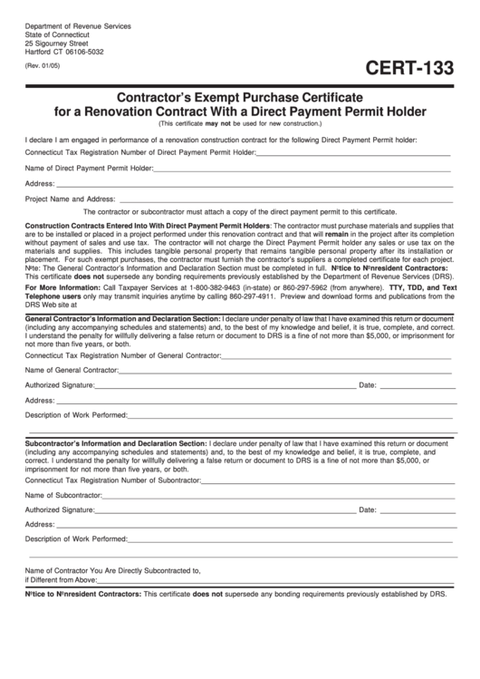 Form Cert133 Contractor'S Exempt Purchase Certificate