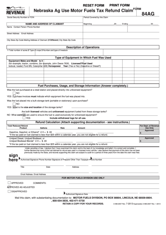 Fillable Form 84ag Nebraska Ag Use Motor Fuels Tax Refund Claim