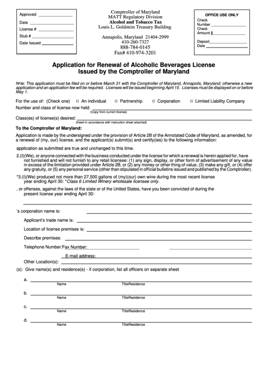 Fillable Application For Renewal Of Alcoholic Beverages License Issued