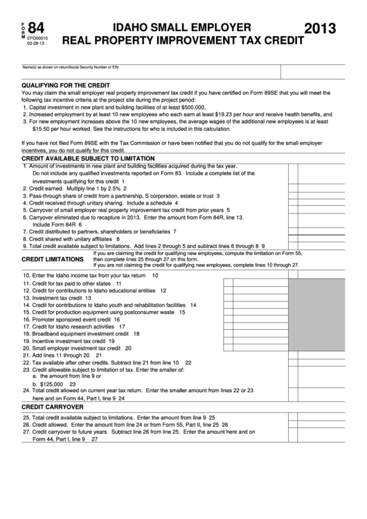 Fillable Form 84 Idaho Small Employer Real Property Improvement Tax