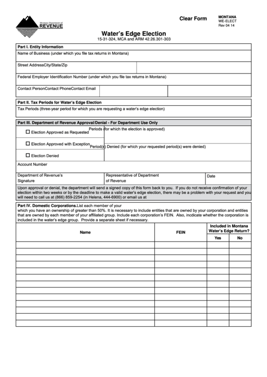 Fillable Montana Form WeElect Water'S Edge Election printable pdf